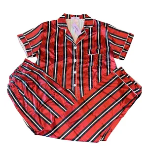 Women’s Orange Striped Satin Pajama Set - Classic Short Sleeve & Pants thumbnail 1