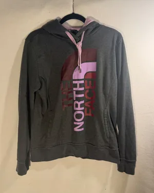 The North Face Womens Gray Hoodie Large Vertical Graphic Logo Purple Lined Hood thumbnail 1