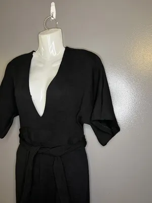 Topshop Dress Womens 6 Black V Neck Kimono Sleeve Cutout Back Tie Waist Midi thumbnail 5