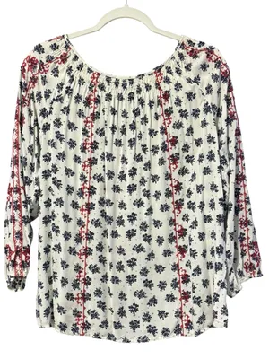 Boho Embroidered Tie-Front Peasant Top M 22” p2p White/Red & Navy Floral EU thumbnail 9