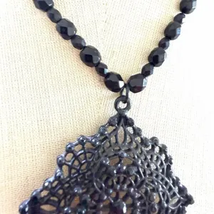 Avon Vintage Black Filigree Statement Necklace Gothic Lace Pendant thumbnail 3