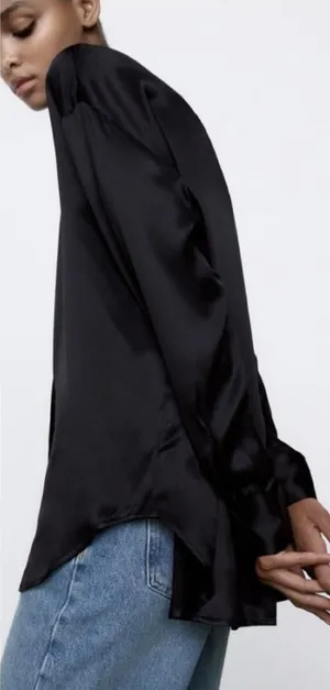 Zara Black satin blouse with french cuffs thumbnail 1