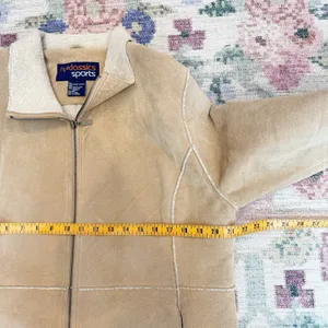 Womens Genuine Leather Suede Shearling Jacket Large Tan Y2K Western Rancher Cozy thumbnail 6