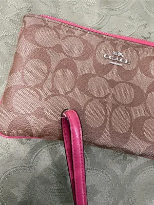 Coach Brown Signature Wristlet with Pink Trim thumbnail 7