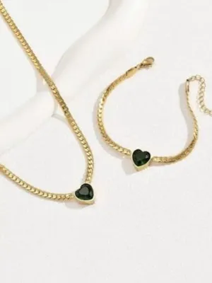 18K Gold Plated Green Heart snake chain Necklace Stainless Steel womens jewelry thumbnail 11