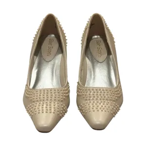 Silver Slipper Pumps Size 7M Beige Pearl Embellished Kitten Heels thumbnail 3