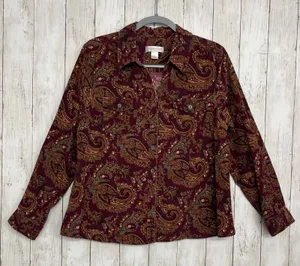 Christopher & Banks Long Sleeve Button Down Paisley Corduroy Cotton Shirt Large thumbnail 1