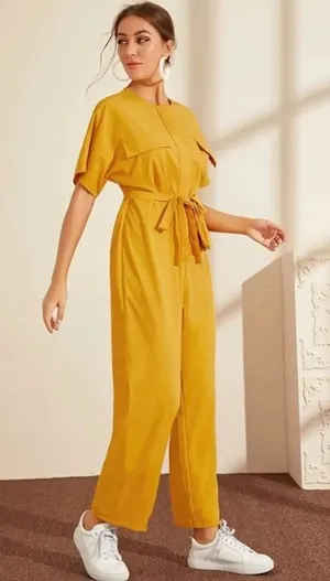 ASOS Mustard Yellow Utility Jumpsuit Wide Leg Belted Waist Size L NWT thumbnail 1