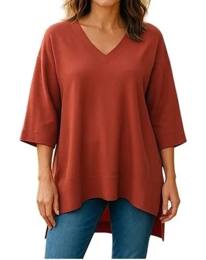 P Cill V-Neck Tunic Sweater Womens Large Rust‎ High-Low PT10463 Oversized Boho thumbnail 1