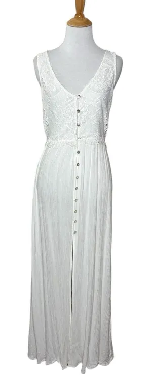 Forever 21 White Lace Sheer V Neck Dress Slit At Bottom Button Front Maxi Size M thumbnail 1