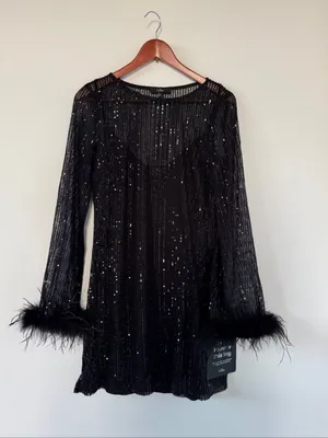 Lulus Marvelous Energy Black Sequin Mesh Long Sleeve Mini Dress NWT thumbnail 2