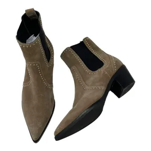 Paige Studded Suede Pointed Toe Chelsea Ankle Boots Taupe Size 7 thumbnail 11