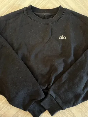 Alo Yoga Accolade Cropped Crew Pullover Sweatshirt Small Black French Terry thumbnail 1
