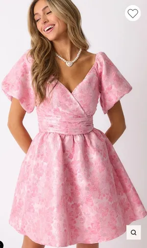 NWOT Meet Me in Santorini Cheers to Us Light Pink Floral Jacquard Mini Dress, XS thumbnail 1