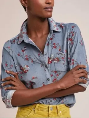 Anthropologie Building 13 Blue Red Floral Button Down Corduroy Top‎ thumbnail 1
