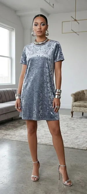 POL Velvet Mini Dress Size S Gray Ice Blue Crushed Velvet Shifter Short Sleeve thumbnail 1
