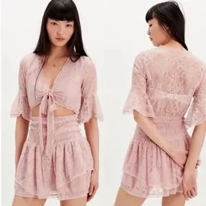 Free People Lala Dawn Rose Pink Lace Mini Dress Cutout Tie Front Size Large NWT thumbnail 2
