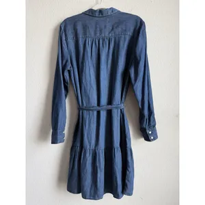 LOFT Chambray Flounce Shirt Dress Tie Waist Long Sleeve Blue Women Large Coastal thumbnail 6