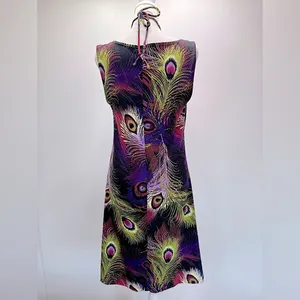 Peacock Feather Shift Dress with Embellished Neckline Sleeveless Size Medium thumbnail 8