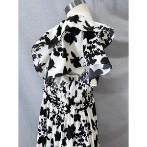 Umgee Maxi Dress Black White Floral Smocked Flutter Sleeve Tiered M thumbnail 8