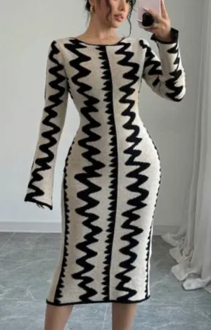 SHEIN Black & Cream Bodycon Knit Midi Dress M thumbnail 1
