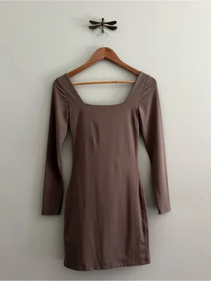 Aritzia Babaton Contour Squareneck Longsleeve Mini Dress in Mocha Small thumbnail 5