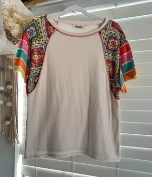 Boho Patchwork Colorful Lived-In Tee artsy eclectic cream Top Medium thumbnail 1