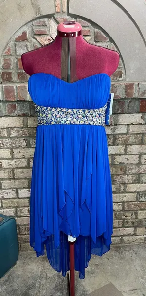 Sequin Hearts formal dress prom strapless jeweled waist sheer layers royal blue thumbnail 1