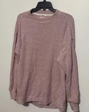 Aerie Red White Waffeknit Oversized Crewneck Pullover Sweatshirt thumbnail 1