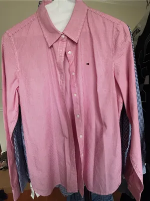 Women Tommy Hilfiger Red and White Micro-Striped Button-Down Shirt (M) thumbnail 1