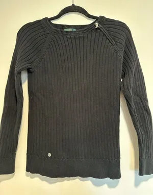 Ralph Lauren Lauren Jeans Co. Medium Black Ribbed Cotton Sweater, Crew Neck. Zip Neckline thumbnail 1