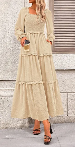 PrettyGarden Cream‎ Swiss Dot Smocked Tiered Maxi Dress Long Sleeve Beige Medium thumbnail 1