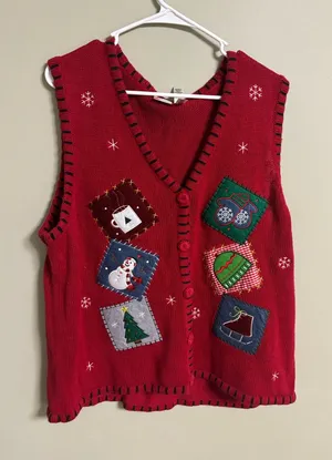 Vintage 90s Holiday Ugly Christmas Red Button Up Cargian Sweater Vest Size XL thumbnail 1