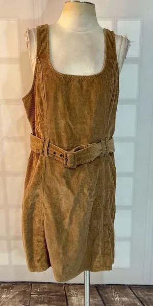American Eagle Outfitters Tan Belted Corduroy Overall Jumper Mini Dress Large thumbnail 1