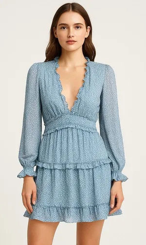 Blue White Floral Chiffon Ruffle Tiered Balloon Sleeve Mini Fit & Flare Dress XL thumbnail 1