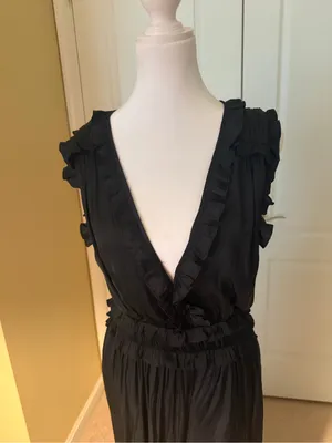 Black Ruffled V-Neck Women’s Satin Jumpsuit deep neckline thumbnail 4