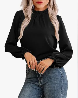NEW Black long Sleeve Blouse Career Mock Neck Ruffle Top M thumbnail 1