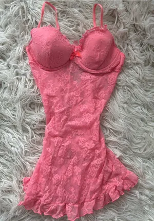 Victoria’s Secret Pink Lace Ruffle Bustle Teddy Bodysuit 36C thumbnail 1