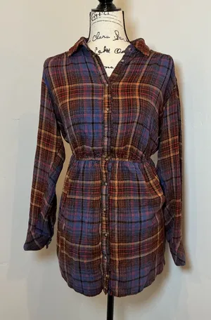 Free People Plaid Mini Dress Blue Orange Back Cutout Tie XS thumbnail 1