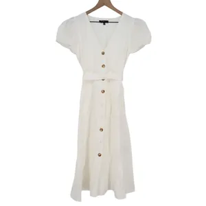 Lulus Sicily Sweetheart Midi Dress Womens Medium White Button-Front Puff Sleeve thumbnail 2