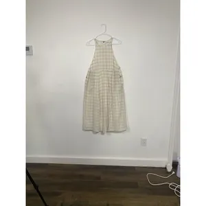 KIMCHI BLUE Size S Gingham White Beige Plaid Linen Cotton Pinafore Dress Snaps thumbnail 3
