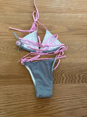 Frankie's Bikinis Striped Triangle Bikini with Pink Trim thumbnail 2