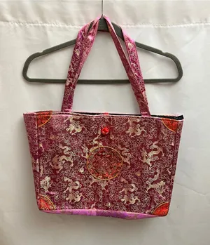 Vintage Chinese Brocade Dragon Tote Bag Purple Gold Asian Shoulder Purse thumbnail 1