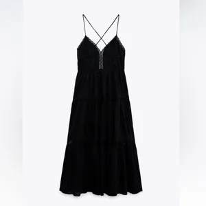 ZARA Black Lace Insert Open Back Strappy Midi Dress Large NEW thumbnail 3