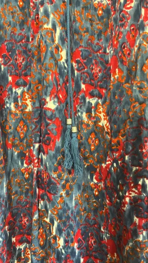 Angie Colorful Boho Flowy Maxi Skirt. Like new. Elastic waistband. Long beaded ties. Blue orange red white. Great festival skirt. Watercolor. 39” long. 13”-16” waist thumbnail 3