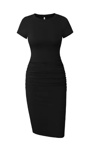 Missufe Short Sleeve Ruched Cotton Sundress Knee Length Bodycon T Shirt Dress thumbnail 1