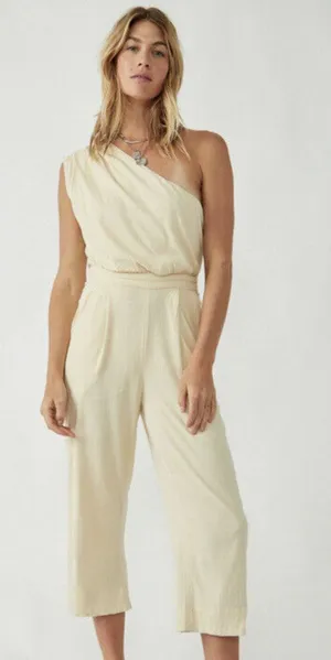 Free People Avery One Shoulder Jumpsuit Wide Leg Pockets Cream Ivory US 4 NWT thumbnail 1