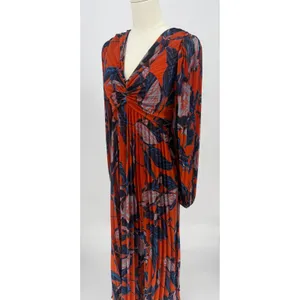 NWT Chelsea28 Floral Print Pleated Long Sleeve Dress Rust Blue Floral Sz XS $149 thumbnail 8