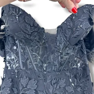 NEW Lulus Midnight Sparkle Black Embroidered Feather Bustier Maxi Dress XS thumbnail 7