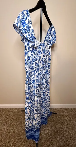 Chenault Pink & Violet Blue Floral Print Ruffle Sleeve Maxi Dress‎ Size L thumbnail 4